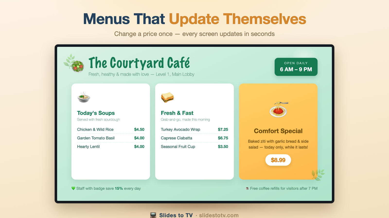 A café menu board that updates itself, on a TV