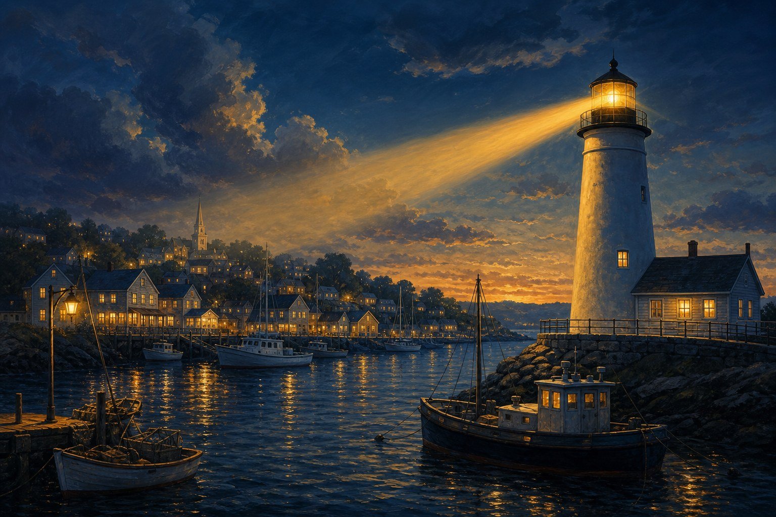 A lighthouse over a small harbor town at dusk