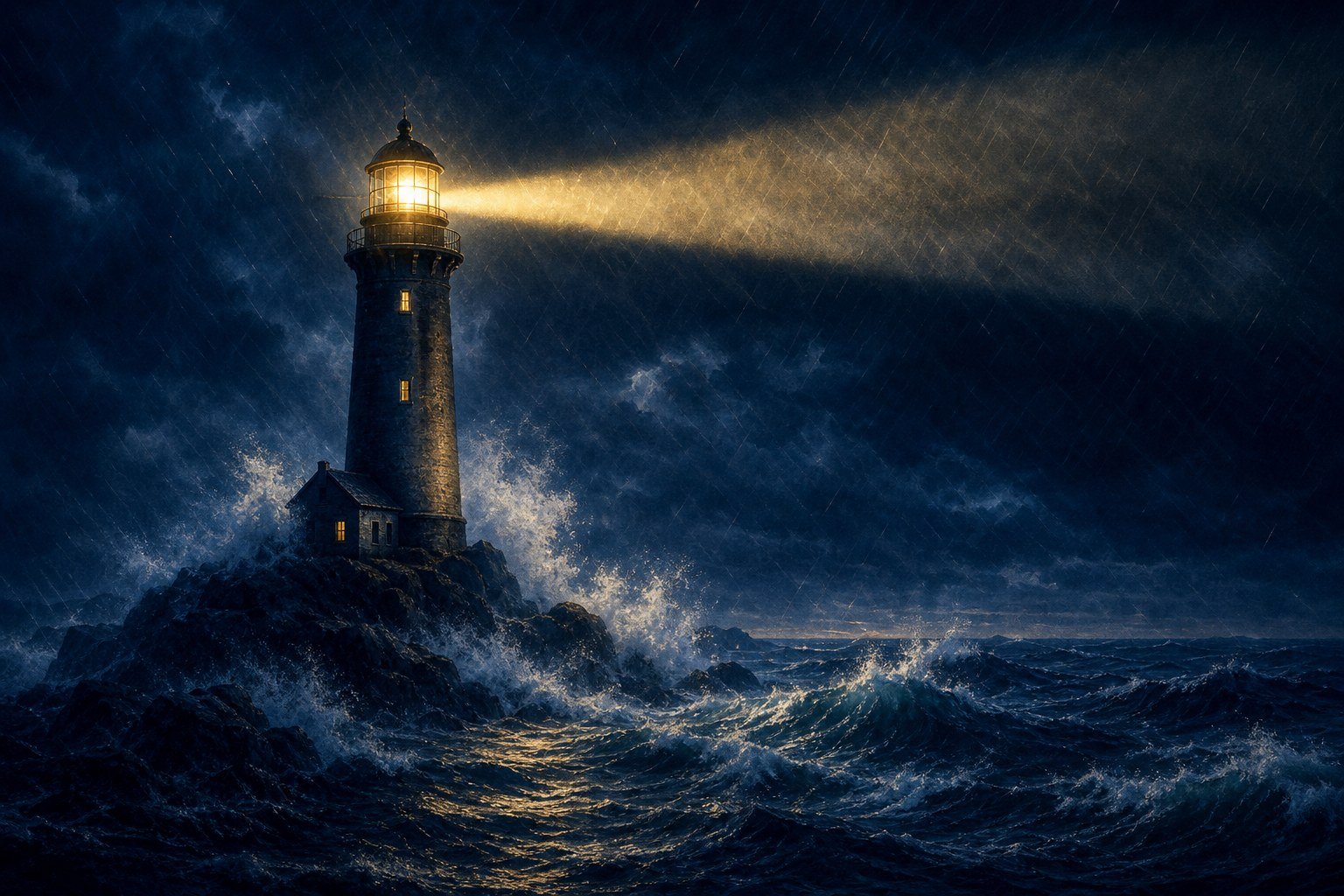 A lighthouse keeping its beam on through a storm at night