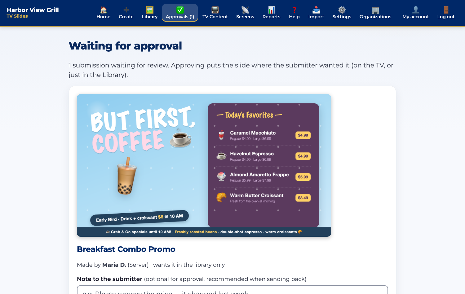 The Approvals queue with a submitted slide awaiting review