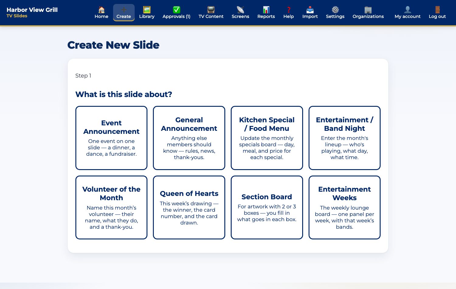 The Create wizard: plain-language choices for what the slide is about