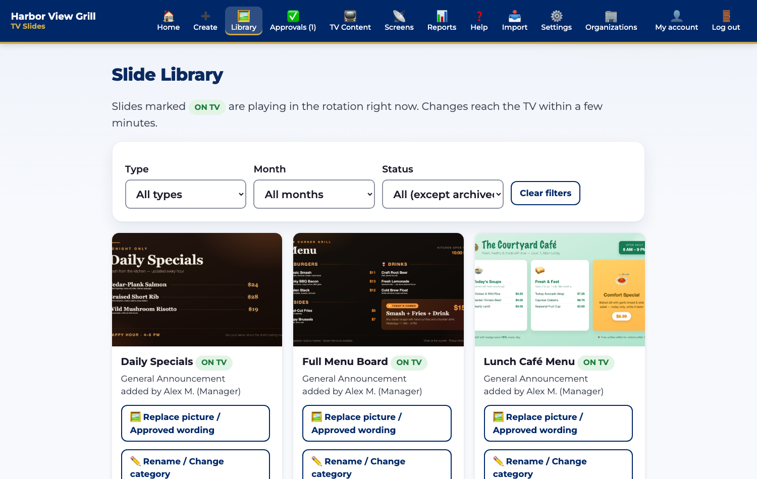 The slide Library with every slide, its status, and one-tap actions