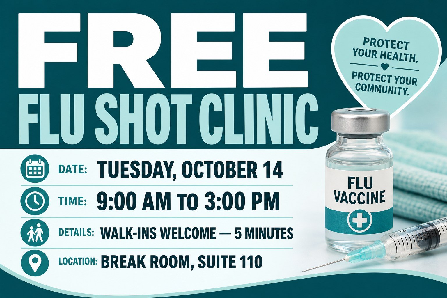 A wellness clinic announcement slide on a TV