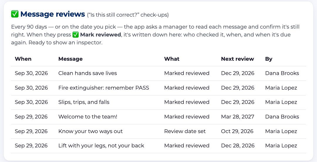 The Message reviews record: who confirmed each message, when, and when it is due again