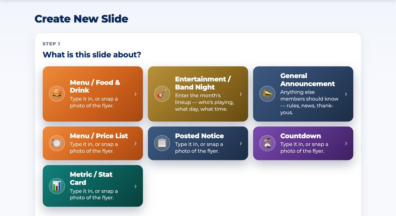 The Create screen: pick what the slide is about and answer a few questions