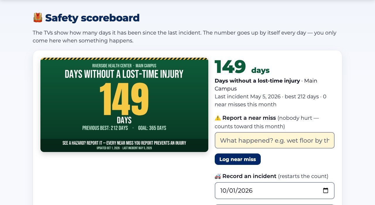 The safety scoreboard page