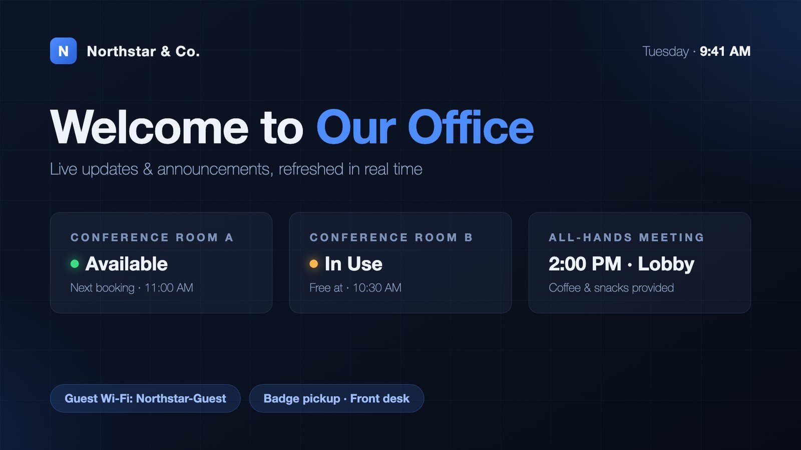 An office welcome board in a company’s colors