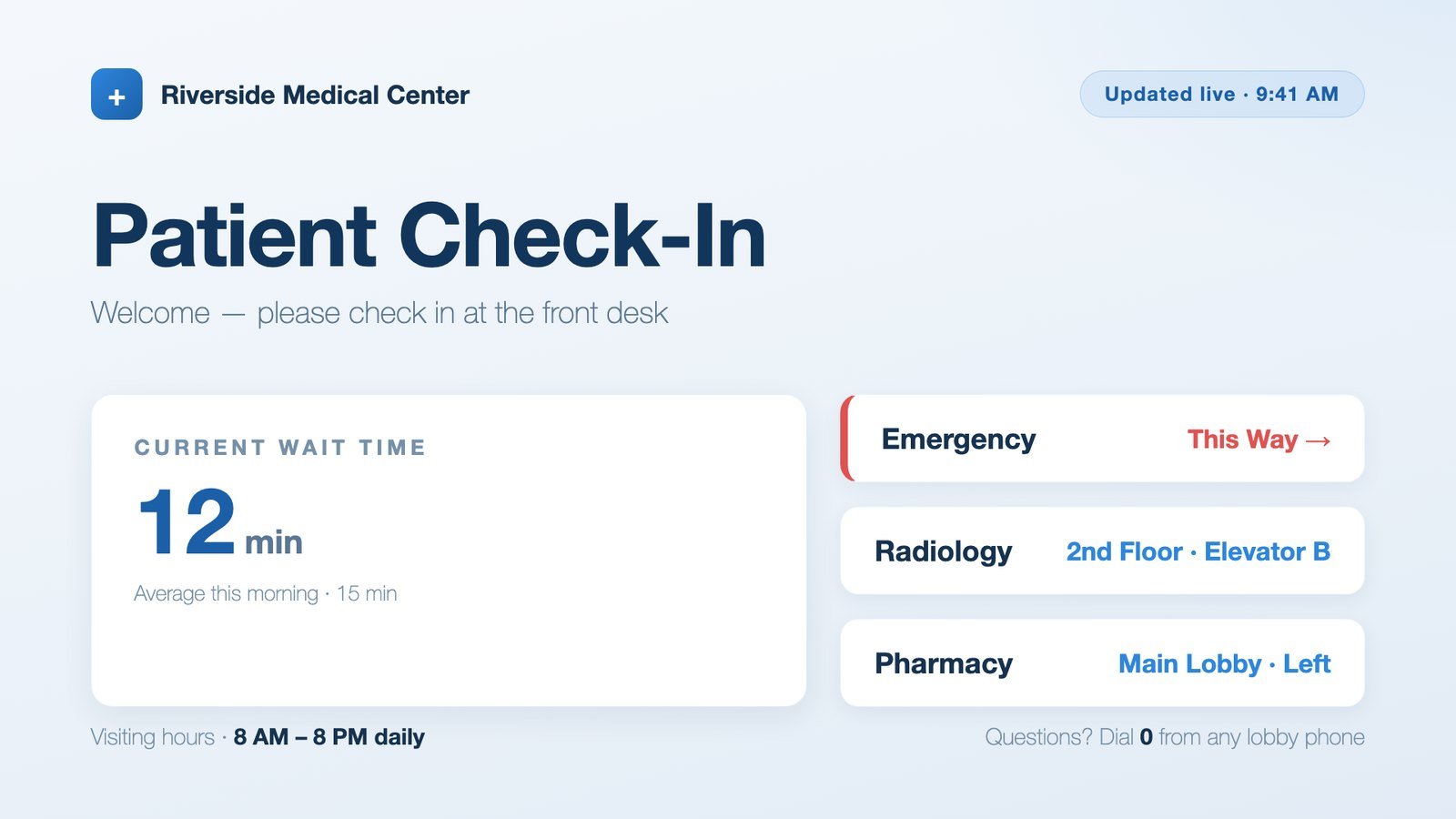 A clinic check-in board in a medical center’s colors