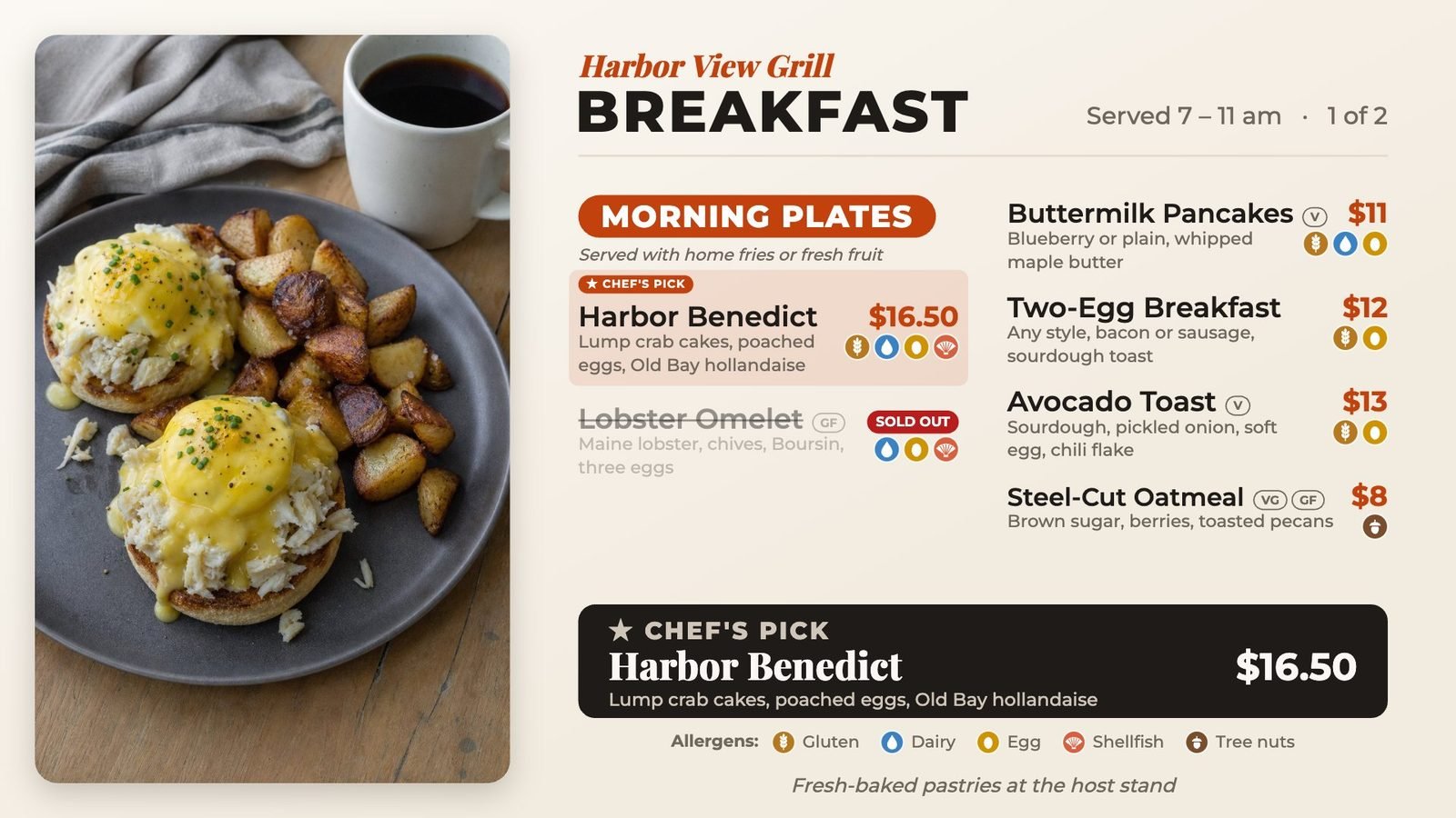 A breakfast menu board